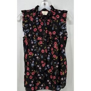 Kate Spade Black Floral Ruffle Sleeveless Blouse Sz XS Burton Up